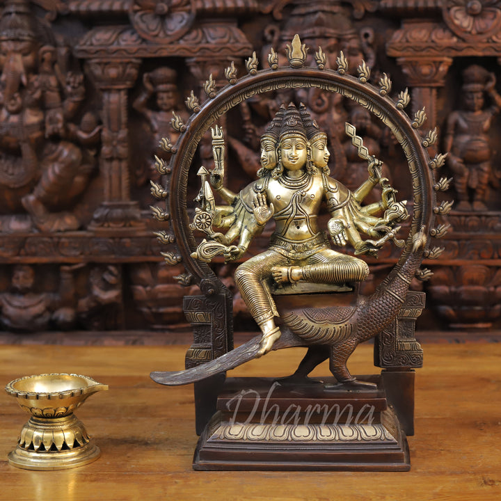 Brass Kartik seated on Base with Frame & Peacock, Copper & Golden Fine Work, 17.5"