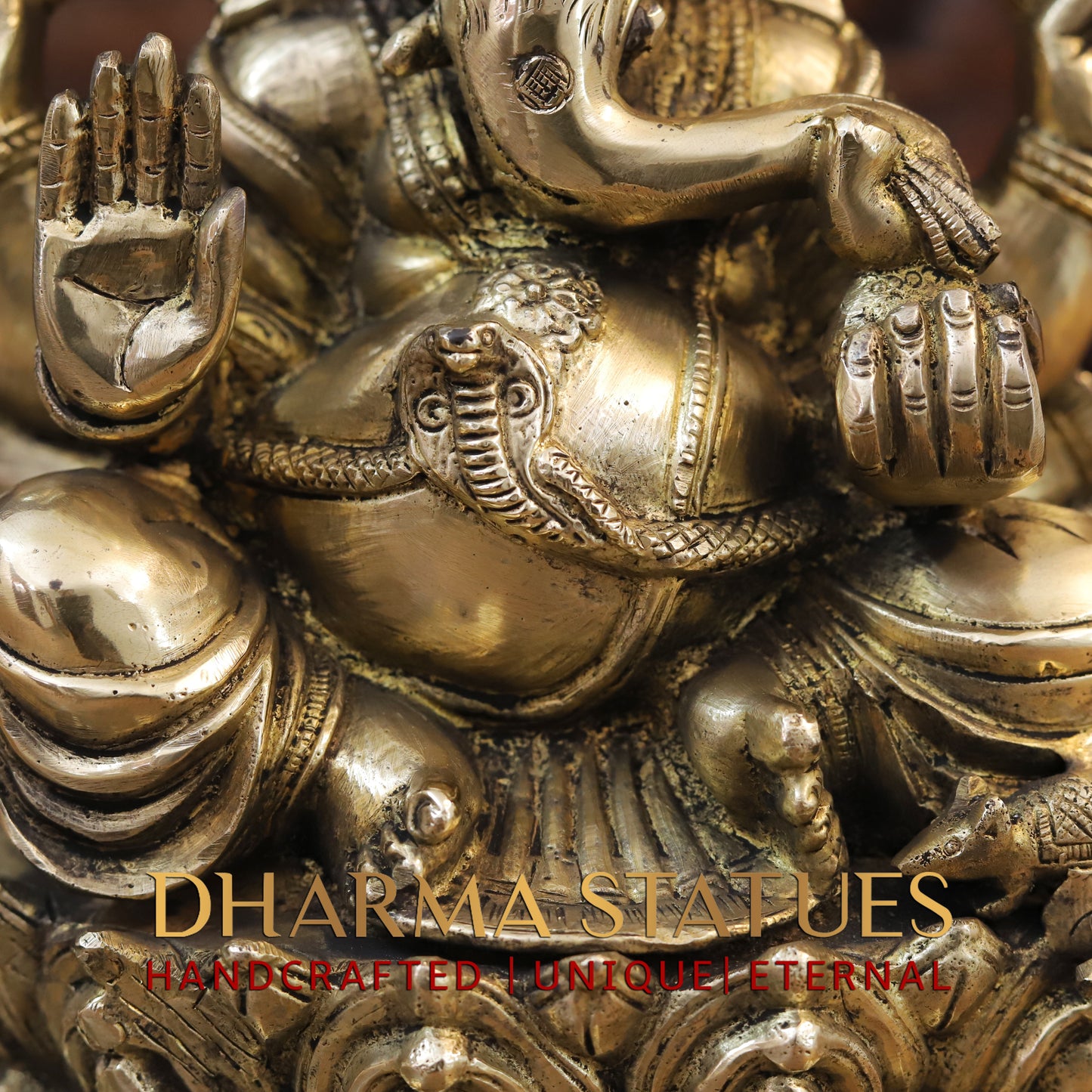 Brass Ganesh Seated on Lotus, Blessing position, Golden Finish, 11"