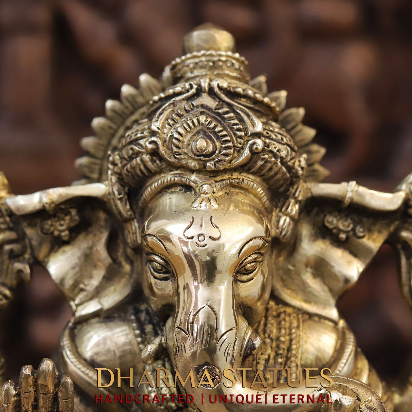 Brass Ganesh Seated on Lotus, Blessing position, Golden Finish, 11"