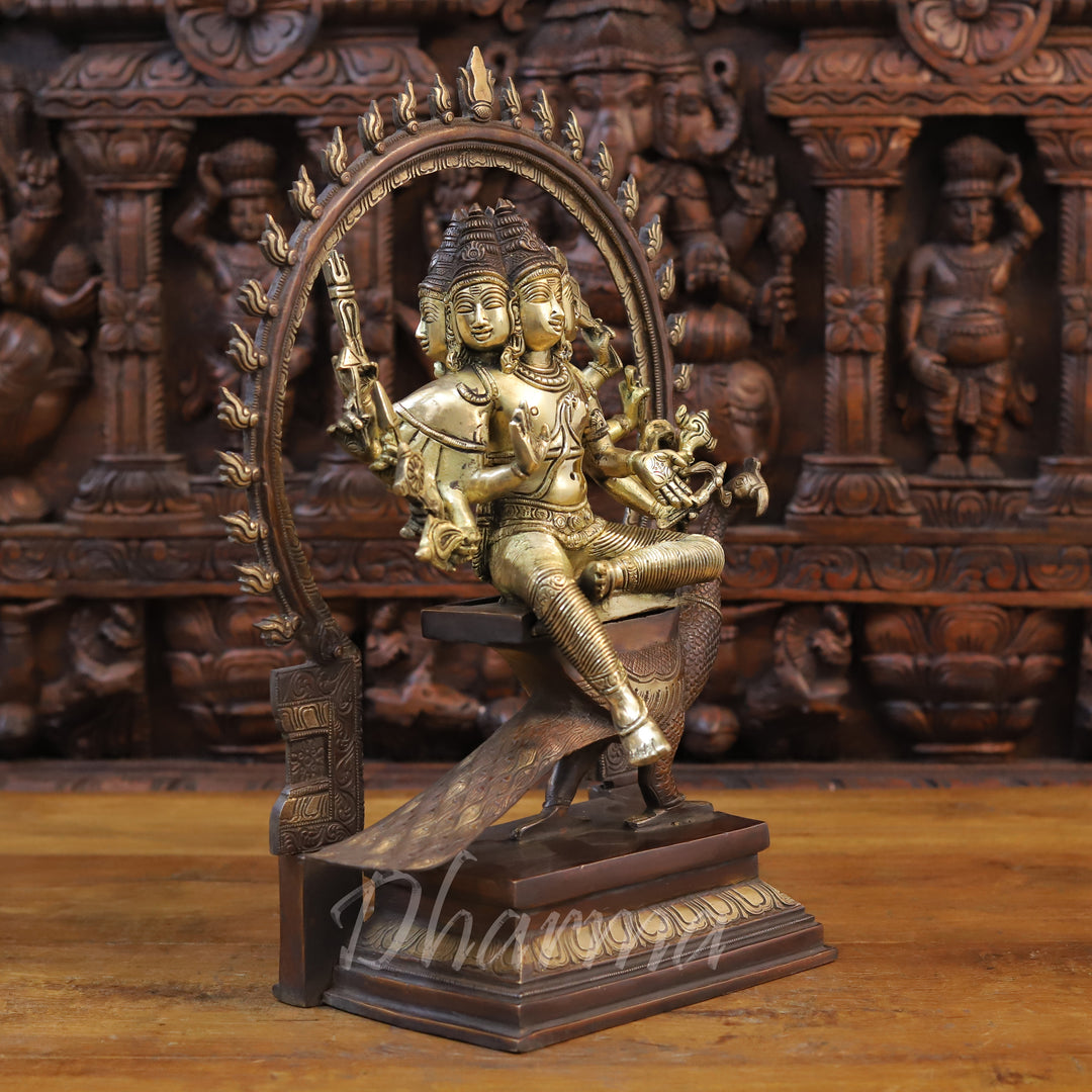 Brass Chatur Mukhi Kartik Idol with Peacock, Copper & Golden Finish, 17.5"