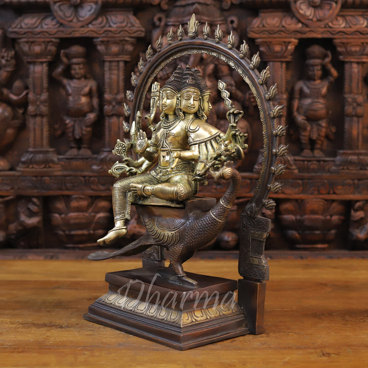 Brass Chatur Mukhi Kartik Idol with Peacock, Copper & Golden Finish, 17.5"