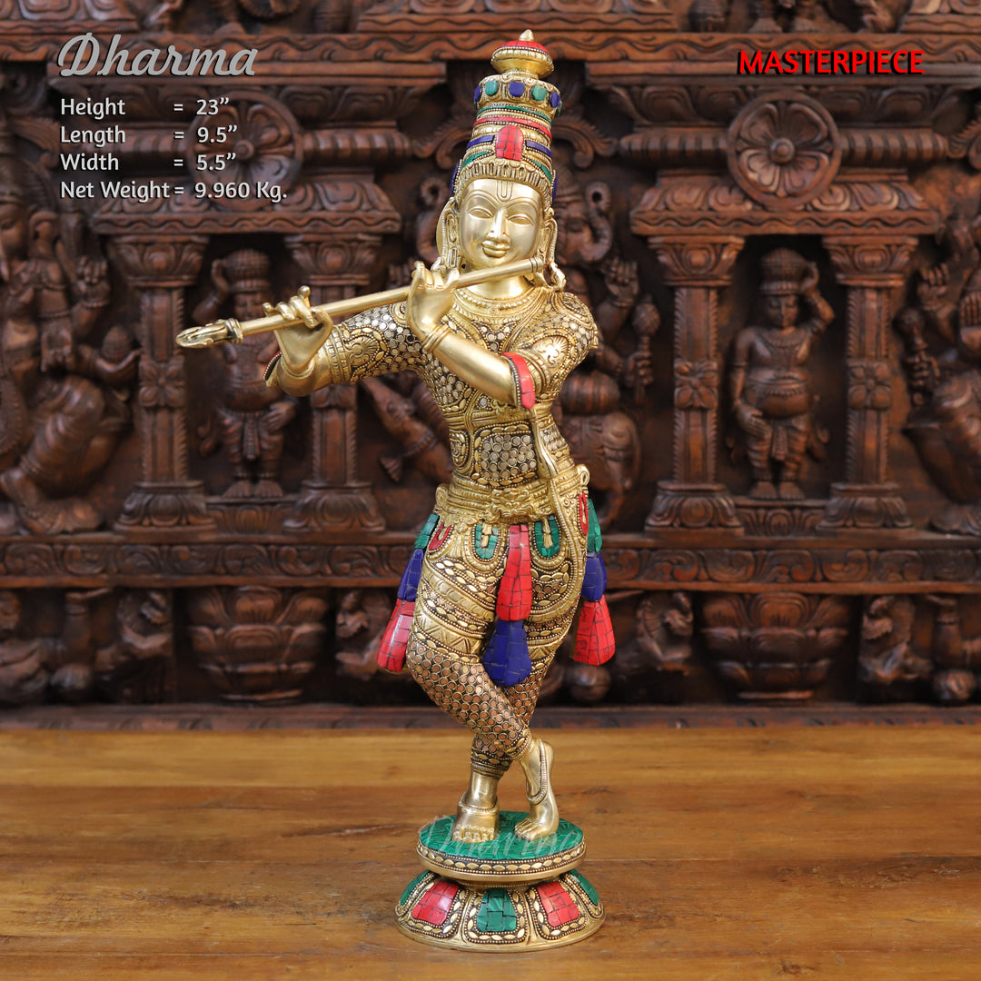 Brass Lord Krishna Statue, playing Flute, Golden and Fine Stone Work 23" Front View