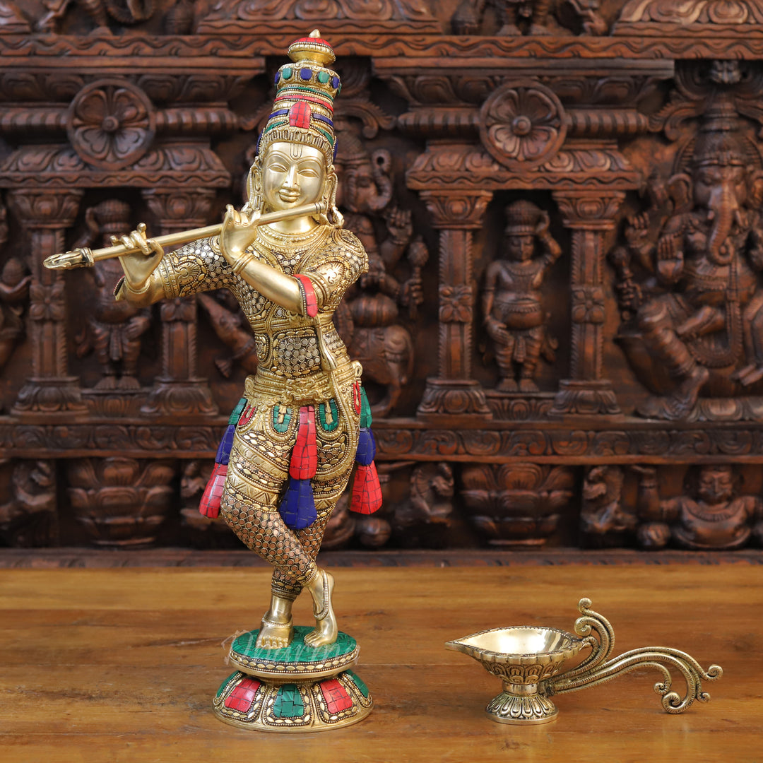 Brass Lord Krishna Idol, playing Flute, Golden with Intricate Stone Work 23"