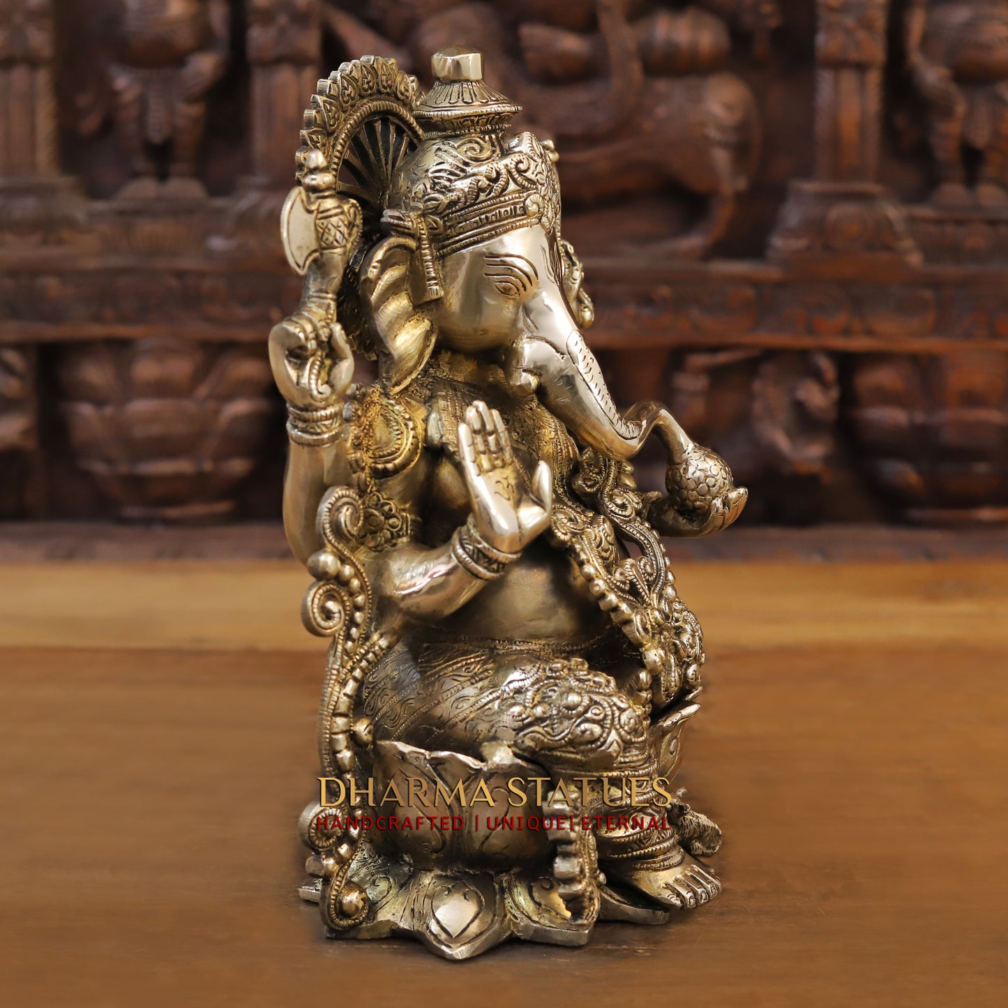 Brass Ganesh seated on Lotus, Blessing Posture, Golden Finish, 12"