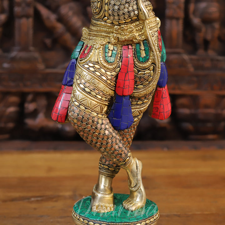 Brass Lord Krishna Idol, playing Flute, Golden with Intricate Stone Work 23"