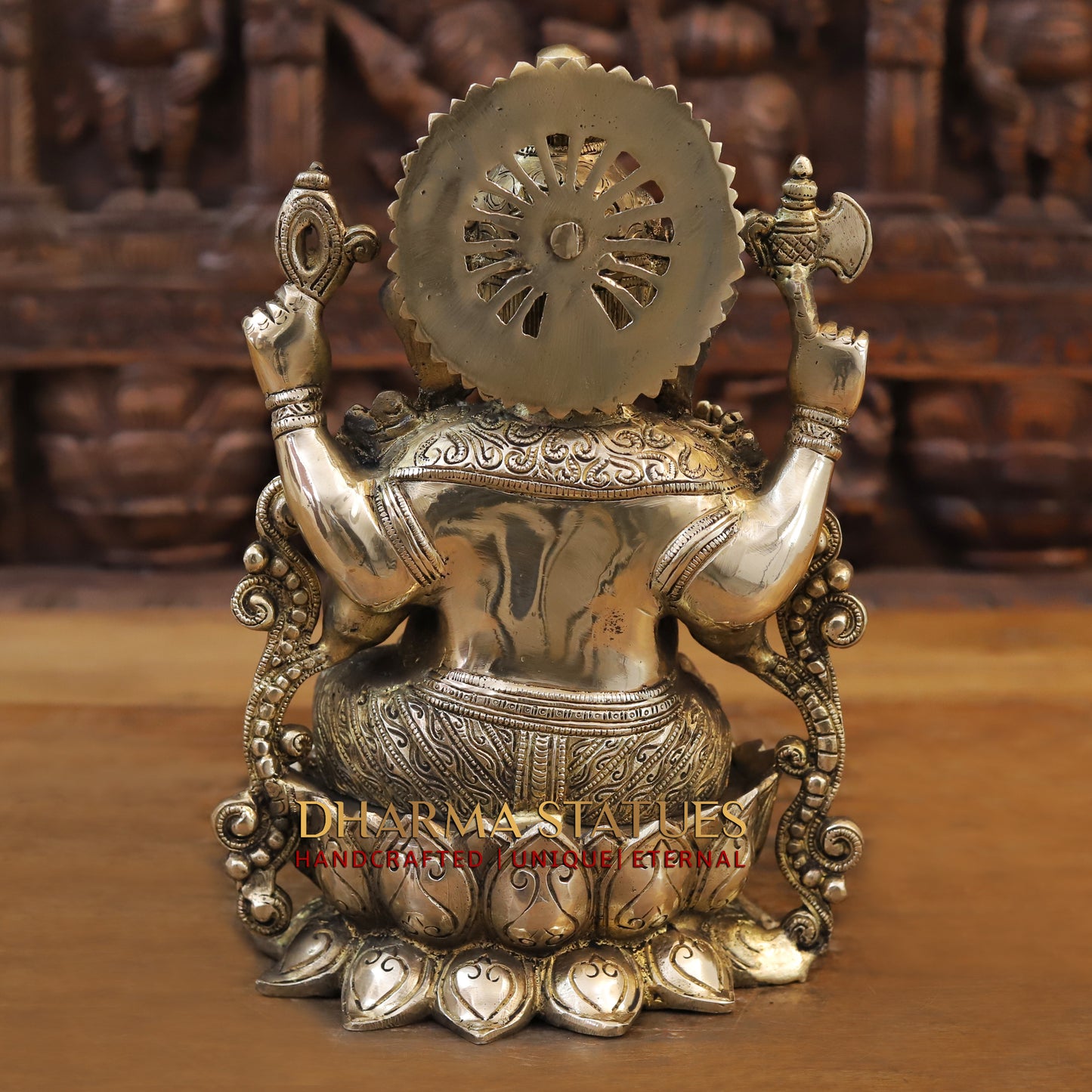 Brass Ganesh seated on Lotus, Blessing Posture, Golden Finish, 12"