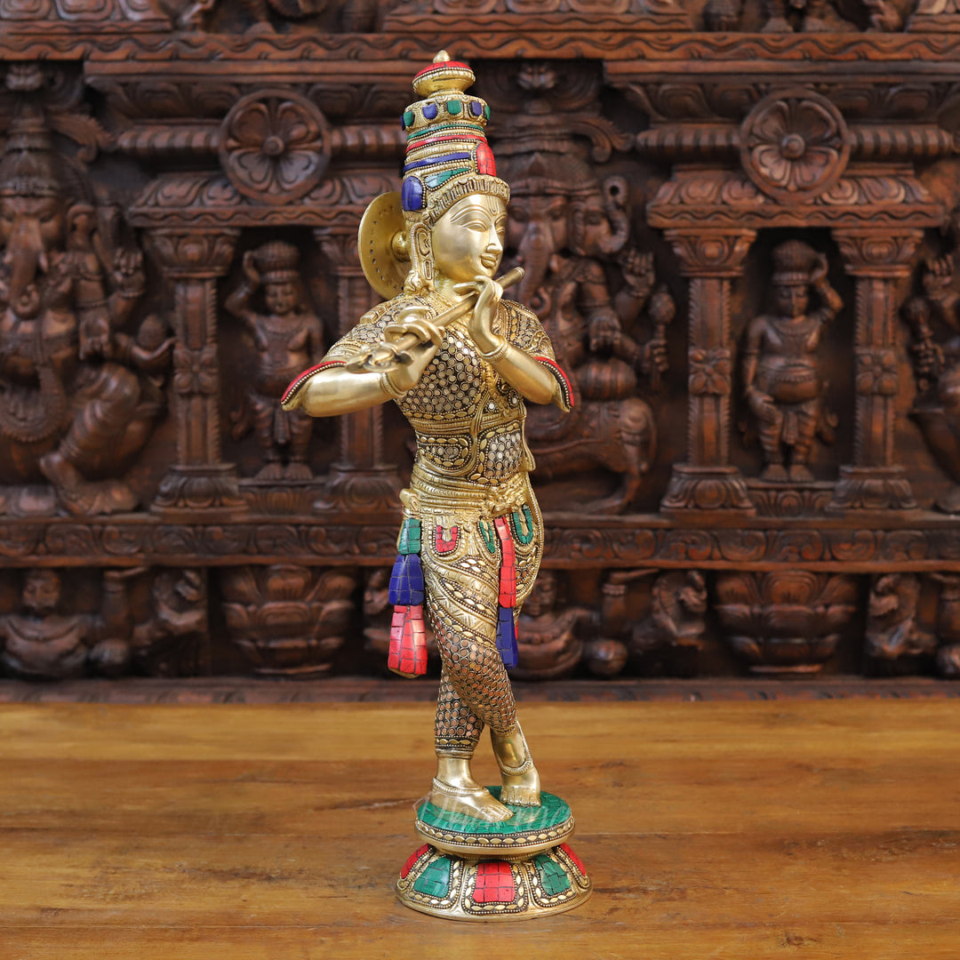 Brass Lord Krishna Idol, playing Flute, Golden with Intricate Stone Work 23"