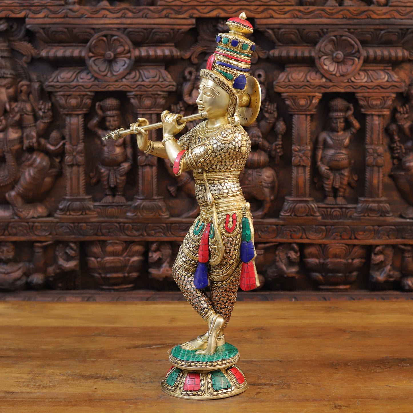 Brass Lord Krishna Idol, playing Flute, Golden with Intricate Stone Work 23"