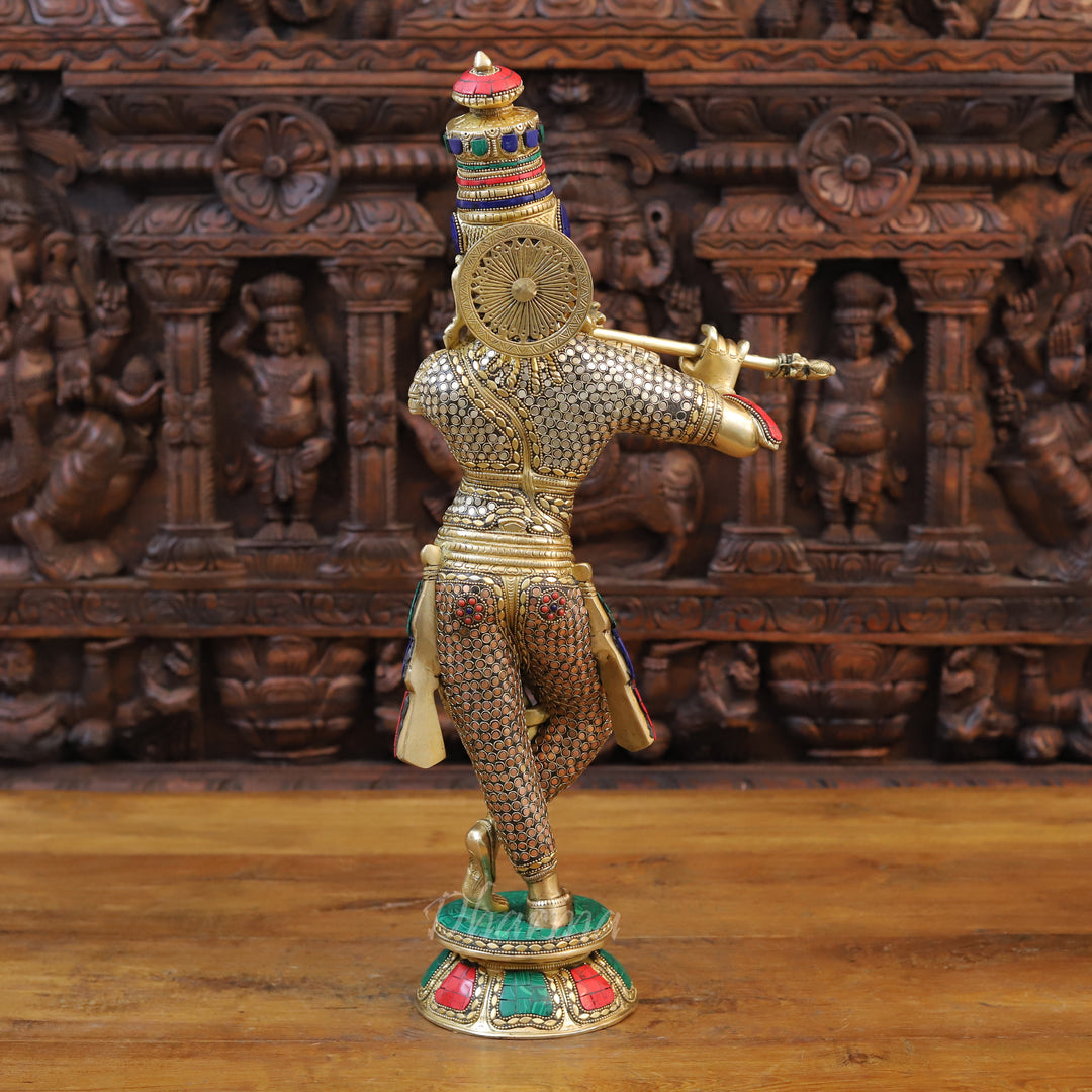 Brass Lord Krishna Idol, playing Flute, Golden with Intricate Stone Work 23"