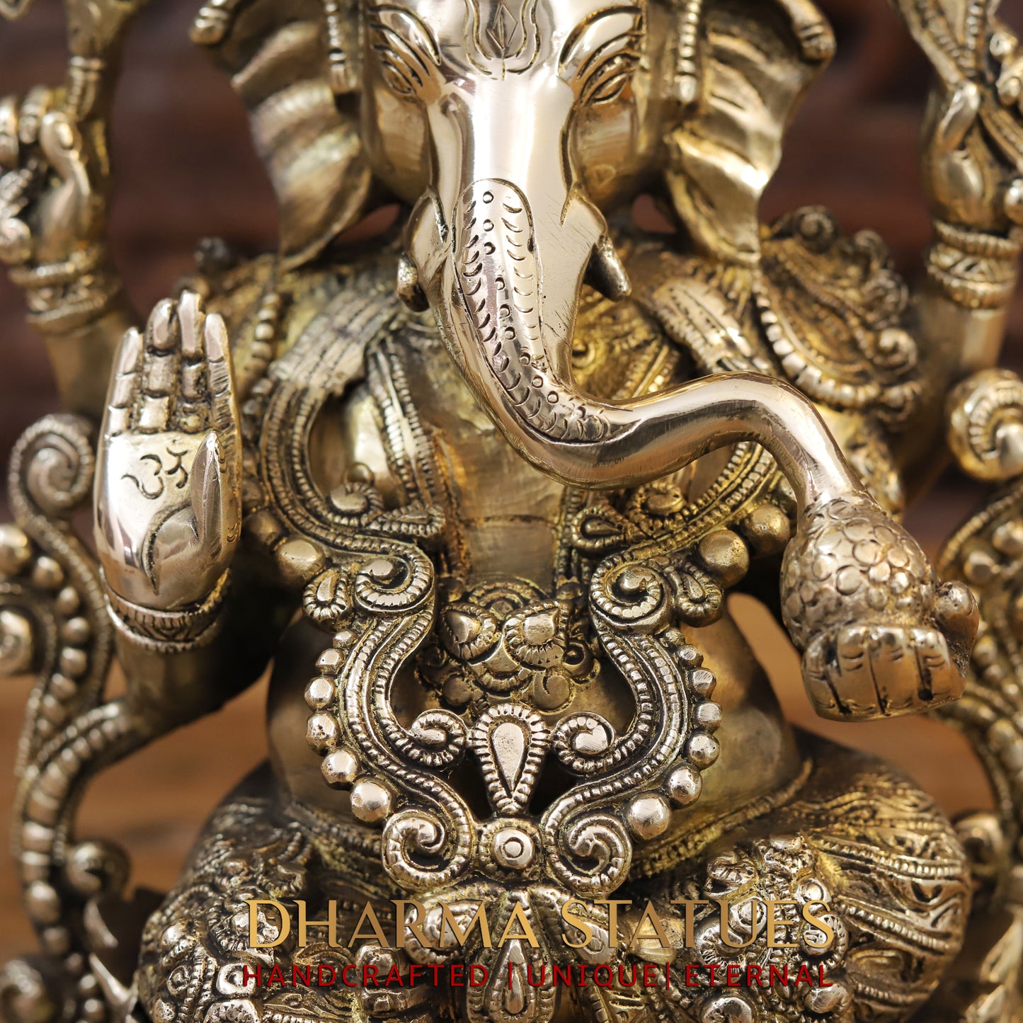 Brass Ganesh seated on Lotus, Blessing Posture, Golden Finish, 12"