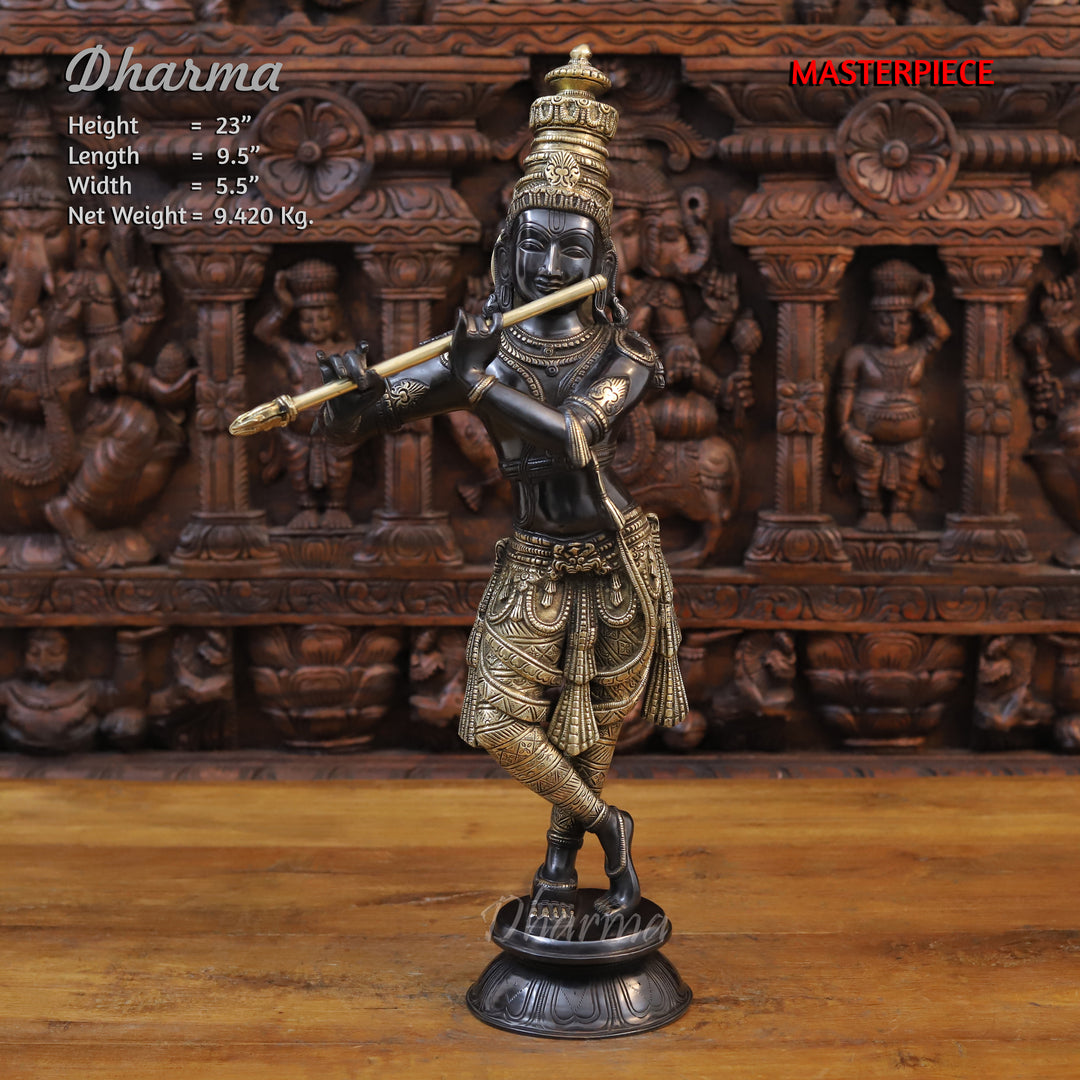 Brass Lord Krishna Idol, Playing Flute, Black Patina Finish 23" Front View