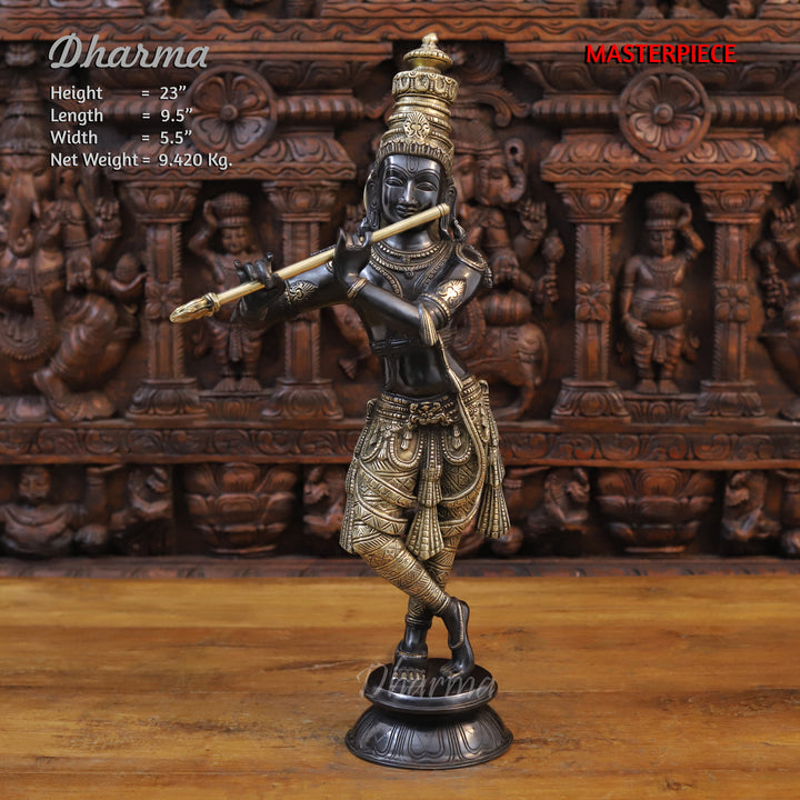 Brass Lord Krishna Idol, Playing Flute, Black Patina Finish 23" Front View