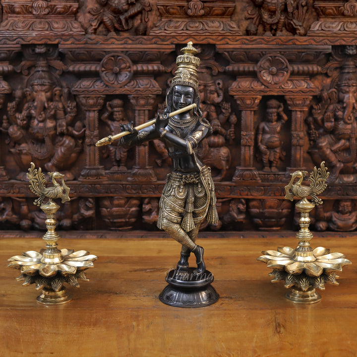 Brass Lord Krishna Idol, Playing Flute, Black Patina Finish 23"