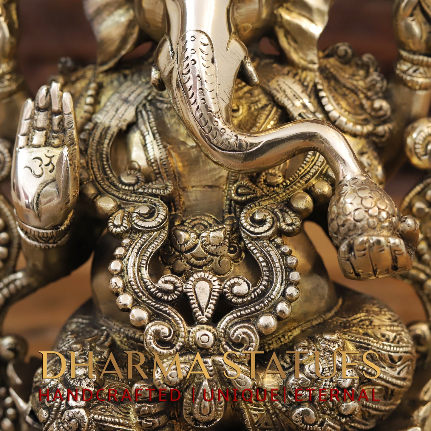 Brass Ganesh seated on Lotus, Blessing Posture, Golden Finish, 12"