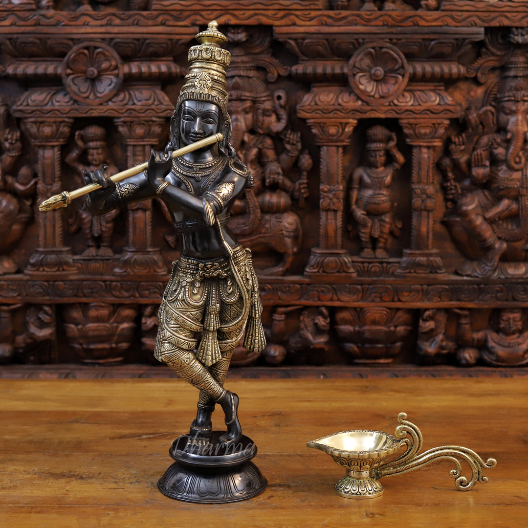 Brass Lord Krishna Idol, Playing Flute, Black Patina Finish 23"