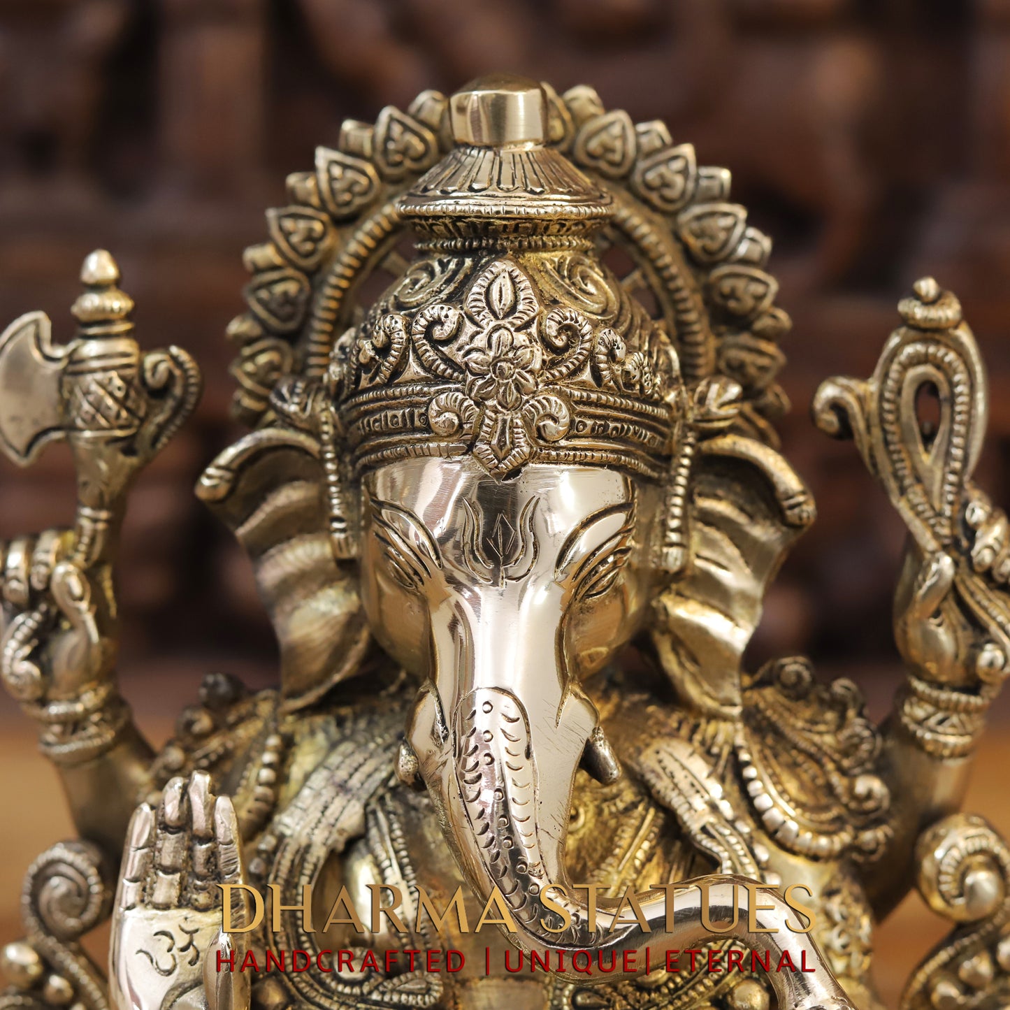 Brass Ganesh seated on Lotus, Blessing Posture, Golden Finish, 12"