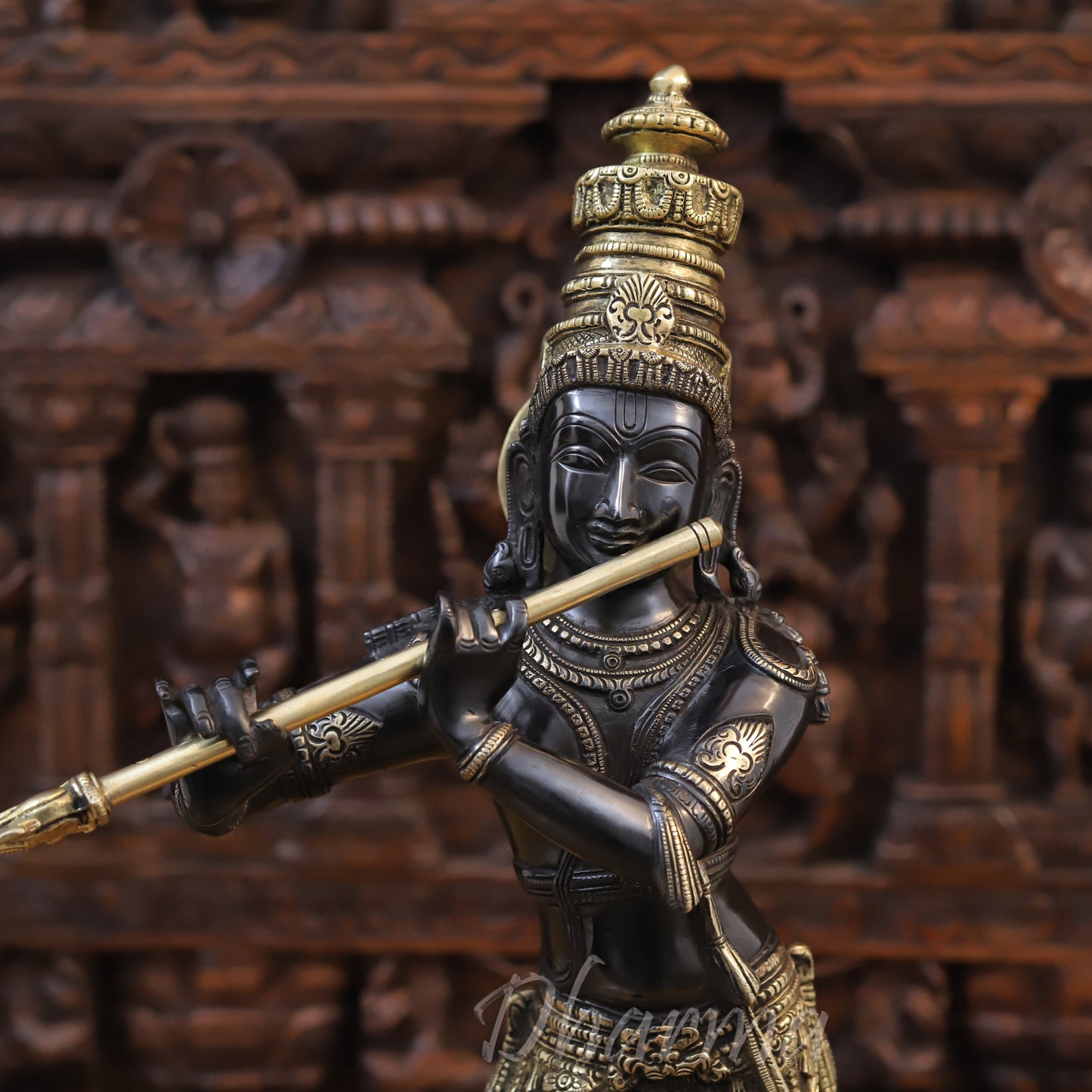 Brass Krishna Playing Flute, Black Patina & Golden Finish 23"
