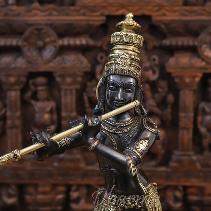 Brass Lord Krishna Idol, Playing Flute, Black Patina Finish 23"