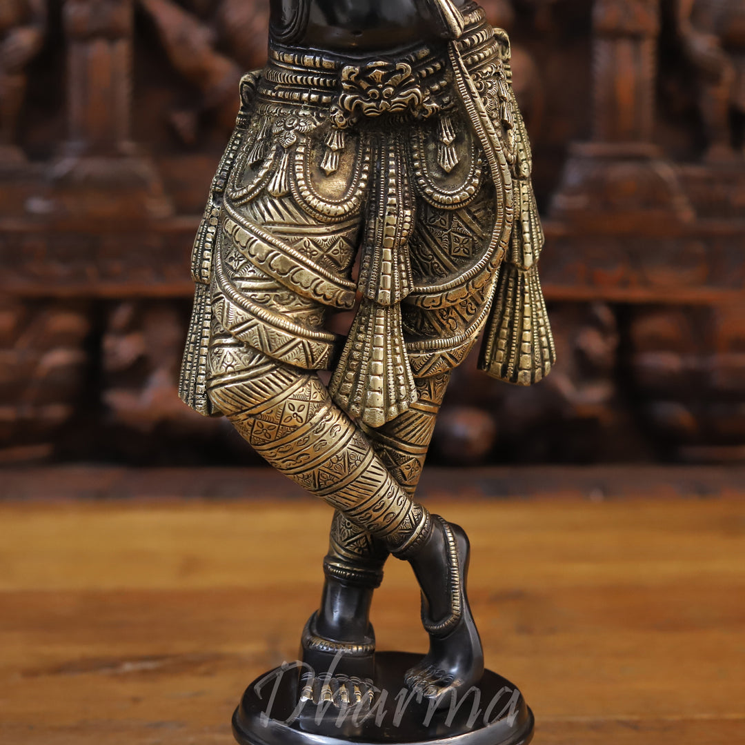 Brass Lord Krishna Idol, Playing Flute, Black Patina Finish 23"