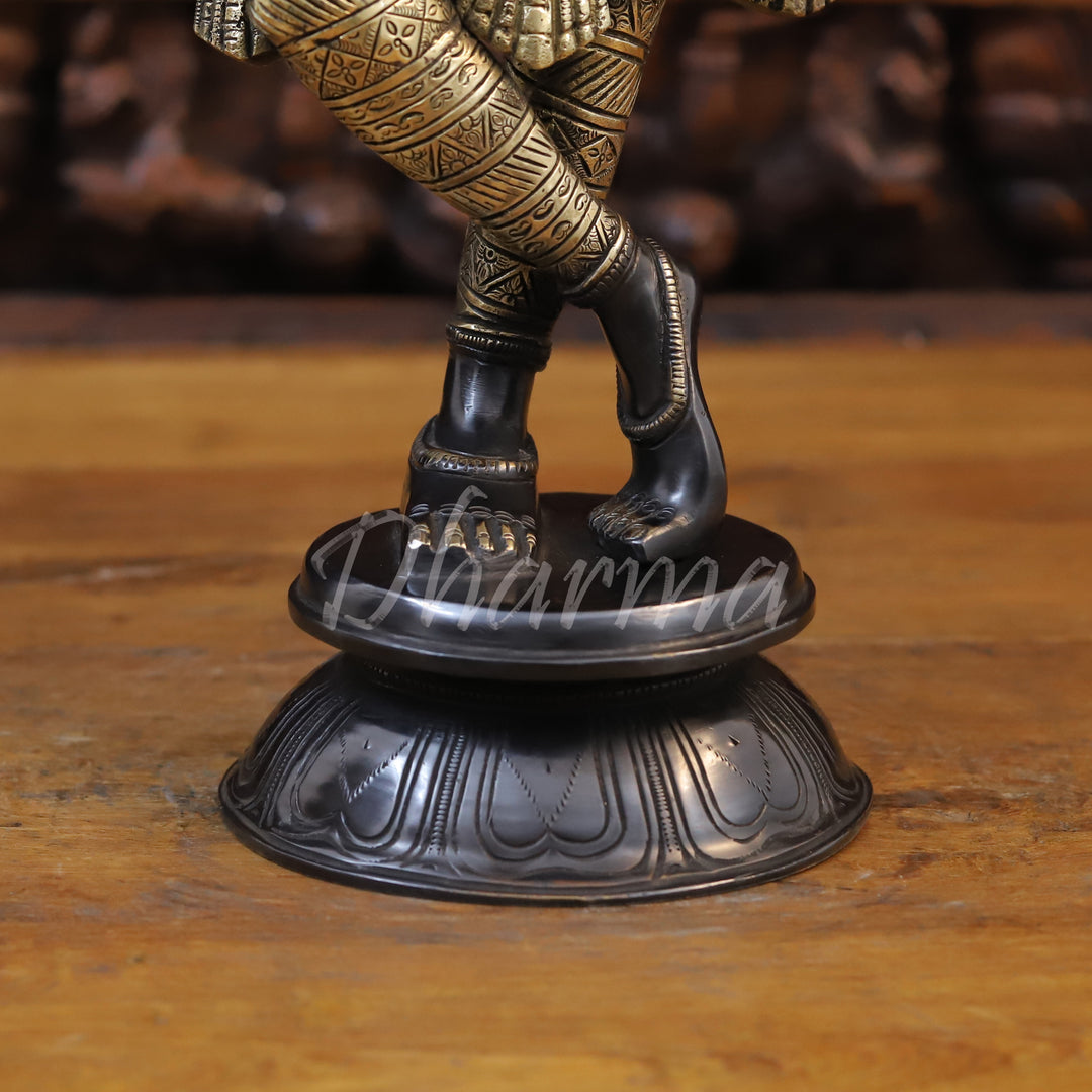 Brass Lord Krishna Idol, Playing Flute, Black Patina Finish 23"