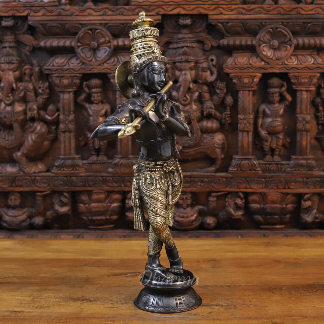 Brass Lord Krishna Idol, Playing Flute, Black Patina Finish 23"