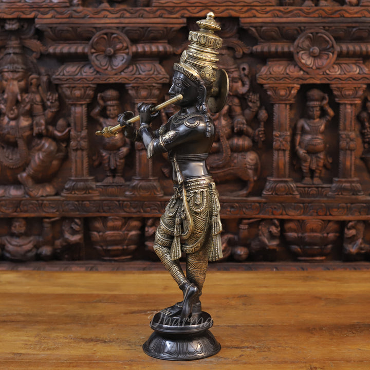 Brass Lord Krishna Idol, Playing Flute, Black Patina Finish 23"