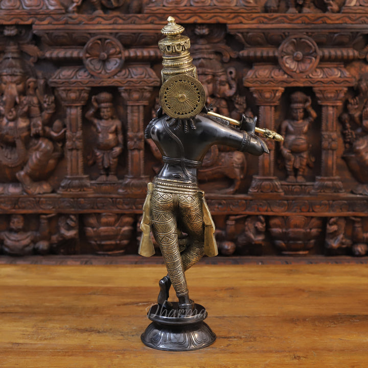 Brass Lord Krishna Idol, Playing Flute, Black Patina Finish 23"