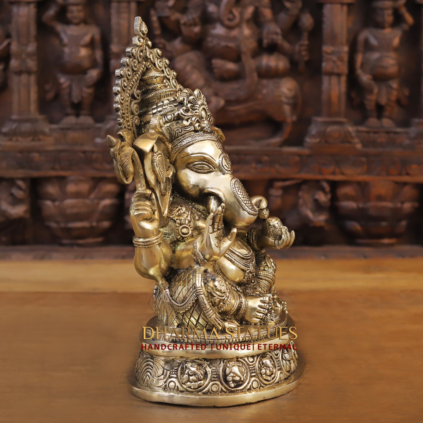 Brass Ganesh seated on Base, Blessing Posture, Fine Golden Finish, 14"