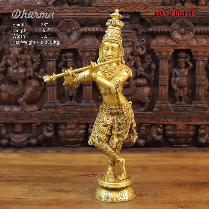 Brass Lord Krishna Statue, playing Flute, Golden Fine Finish 23" Front View