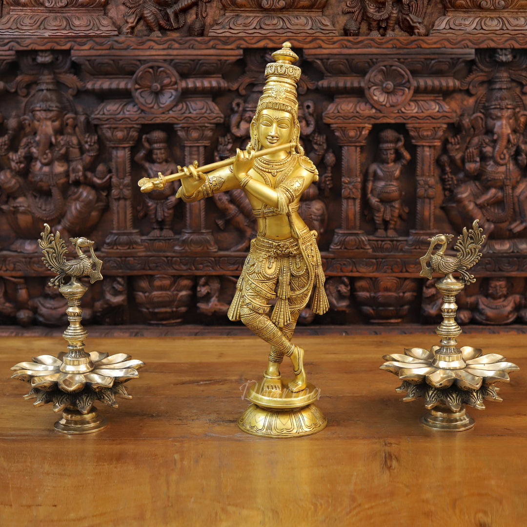 Brass Lord Krishna Statue, playing Flute, Golden Fine Finish 23"