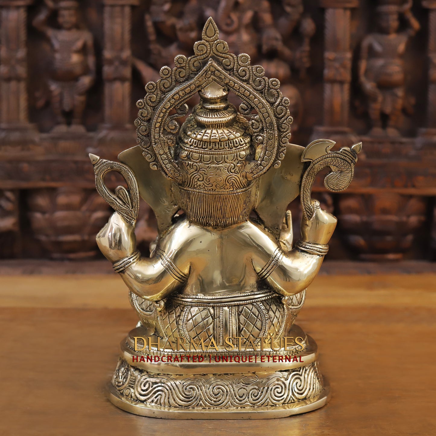 Brass Ganesh seated on Base, Blessing Posture, Fine Golden Finish, 14"