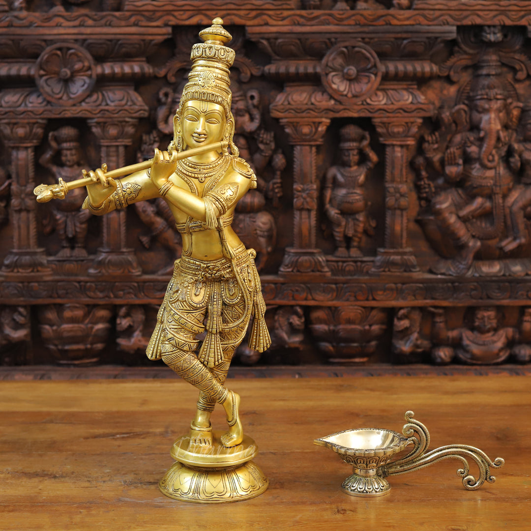 Brass Lord Krishna Statue, playing Flute, Golden Fine Finish 23"