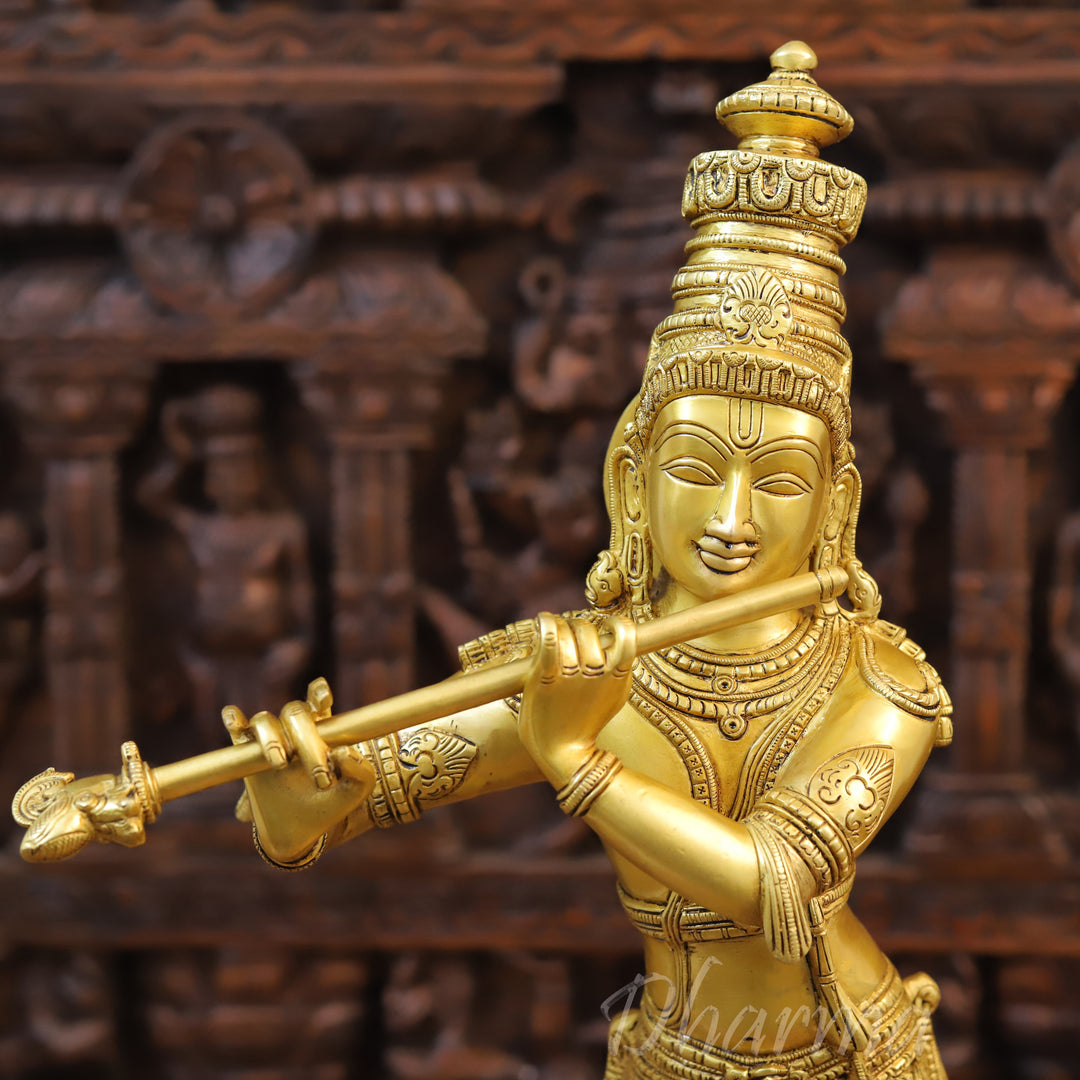 Brass Lord Krishna Statue, playing Flute, Golden Fine Finish 23"