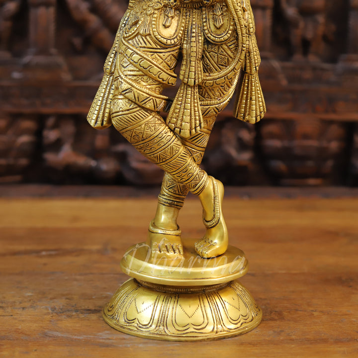 Brass Lord Krishna Statue, playing Flute, Golden Fine Finish 23"