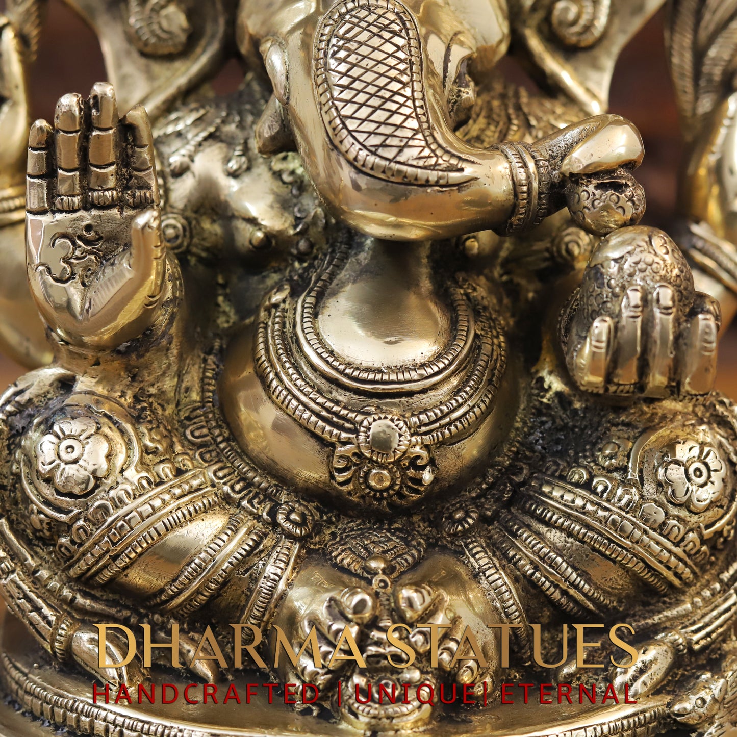 Brass Ganesh seated on Base, Blessing Posture, Fine Golden Finish, 14"