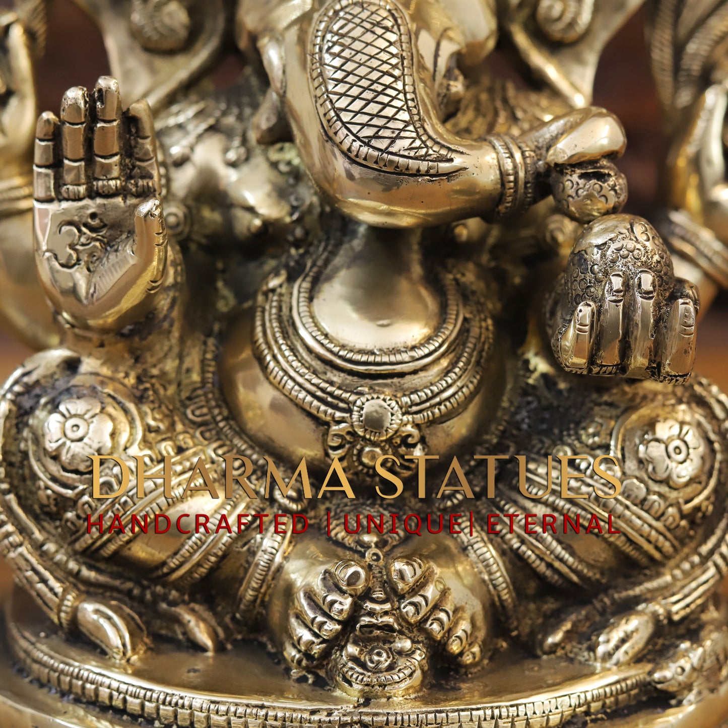 Brass Ganesh seated on Base, Blessing Posture, Fine Golden Finish, 14"