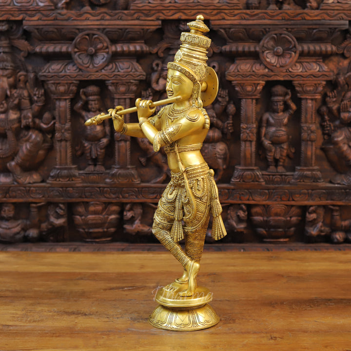 Brass Lord Krishna Statue, playing Flute, Golden Fine Finish 23"