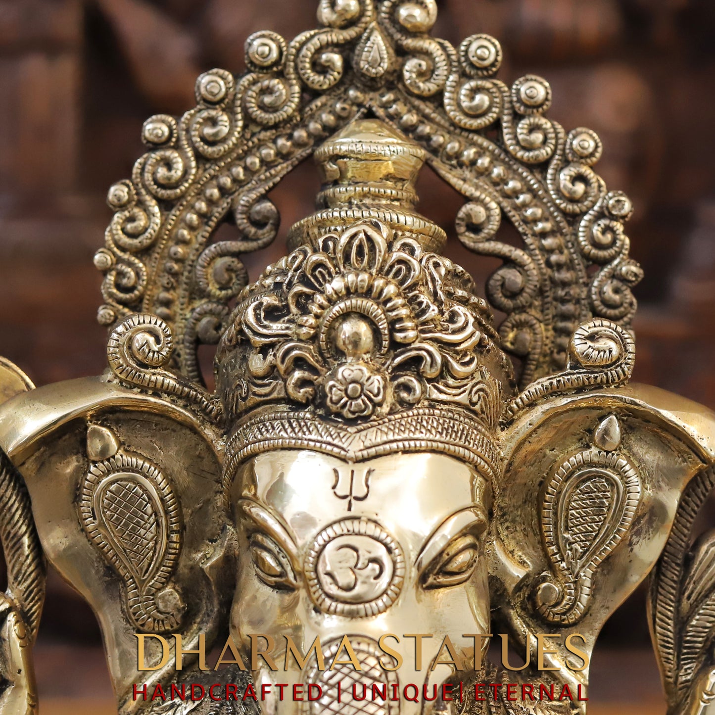 Brass Ganesh seated on Base, Blessing Posture, Fine Golden Finish, 14"