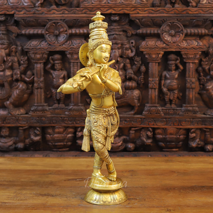 Brass Lord Krishna Statue, playing Flute, Golden Fine Finish 23"