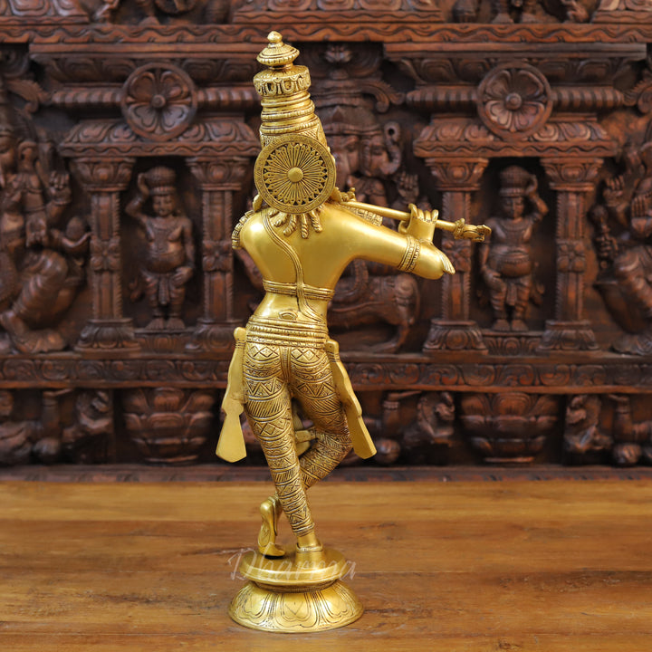 Brass Lord Krishna Statue, playing Flute, Golden Fine Finish 23"