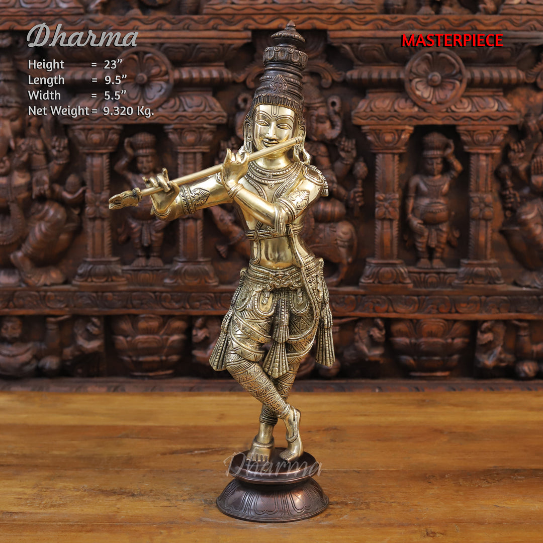 Brass Lord Krishna Statue, playing Flute, Golden Fine Finish 23" Front View