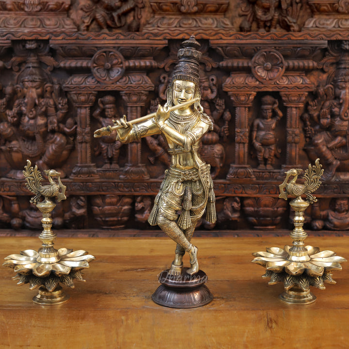 Brass Lord Krishna Statue, playing Flute, Golden Fine Finish With Copper Accents, 23"