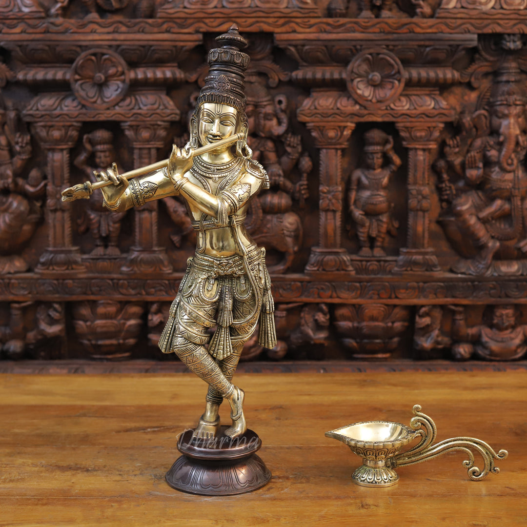 Brass Lord Krishna Statue, playing Flute, Golden Fine Finish With Copper Accents, 23"