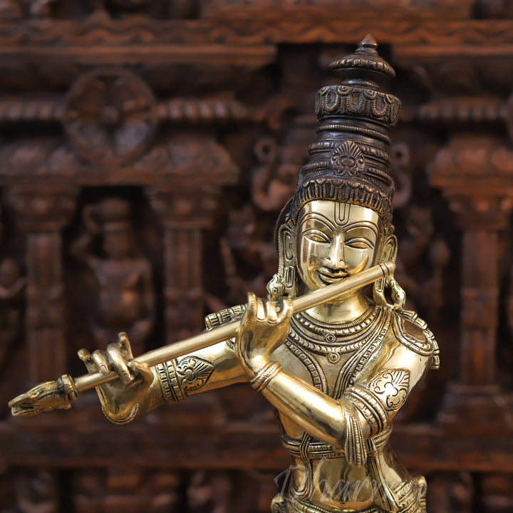 Brass Lord Krishna Statue, playing Flute, Golden Fine Finish With Copper Accents, 23"