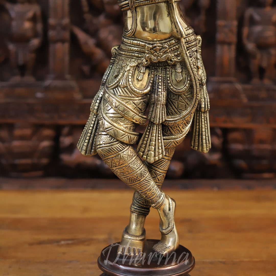 Brass Lord Krishna Statue, playing Flute, Golden Fine Finish With Copper Accents, 23"