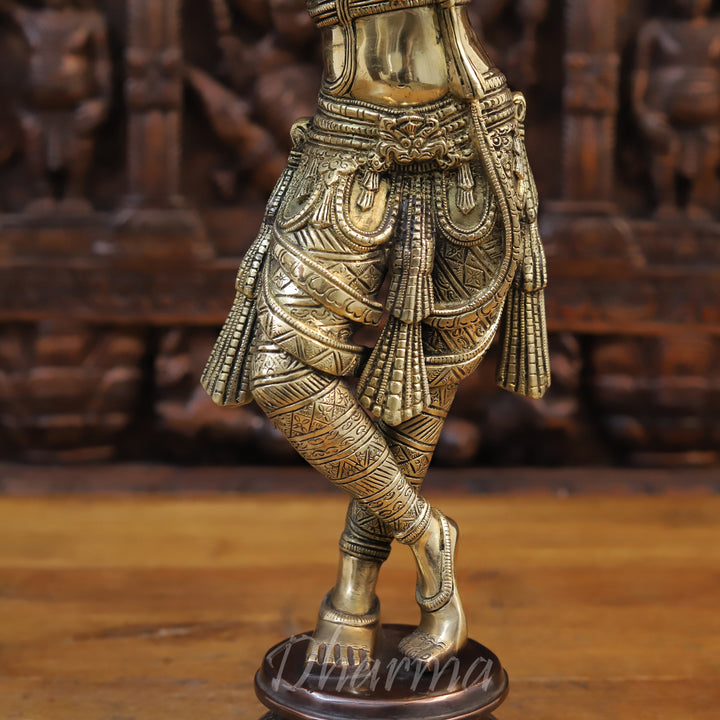 Brass Lord Krishna Statue, playing Flute, Golden Fine Finish With Copper Accents, 23"