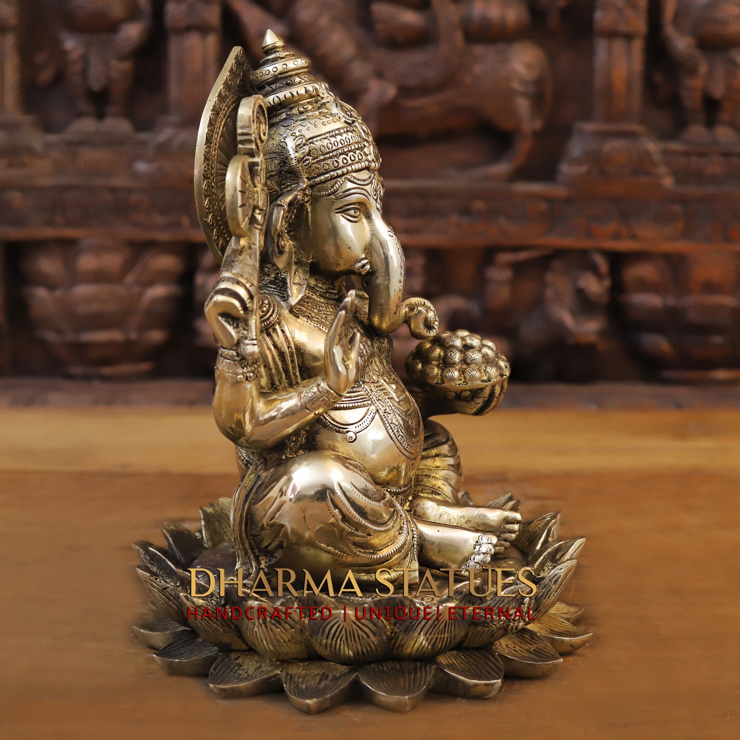 Brass Ganesh seated on Lotus, Blessing Posture, Golden Finish, 11.5"