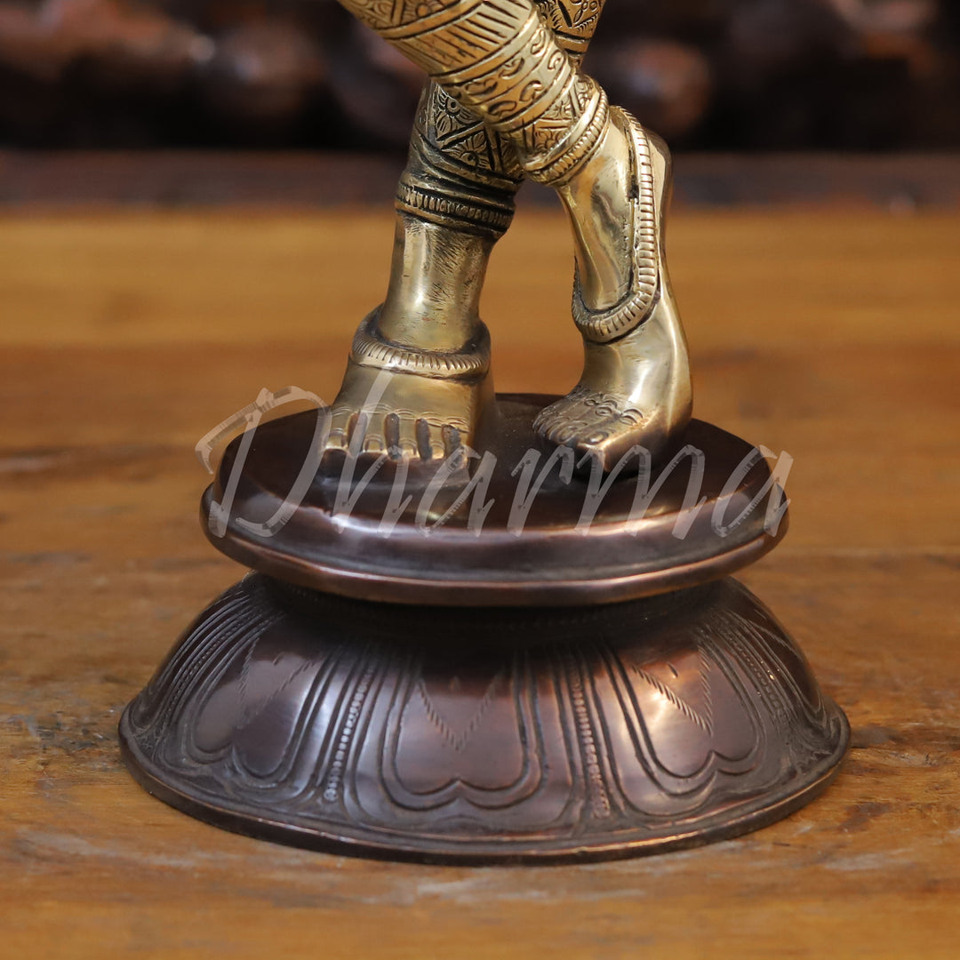 Brass Lord Krishna Statue, playing Flute, Golden Fine Finish With Copper Accents, 23"