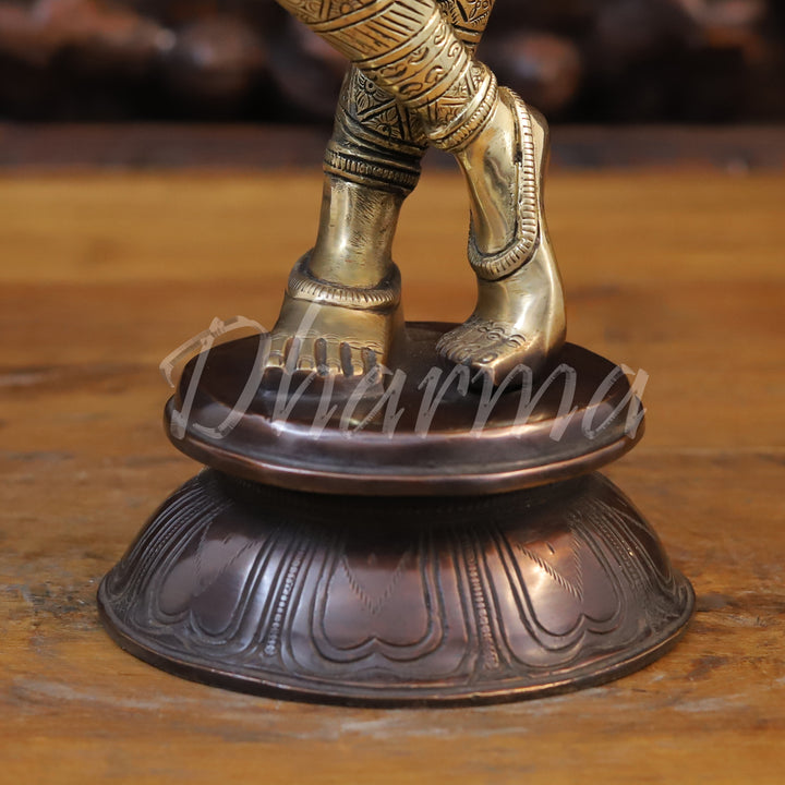 Brass Lord Krishna Statue, playing Flute, Golden Fine Finish With Copper Accents, 23"