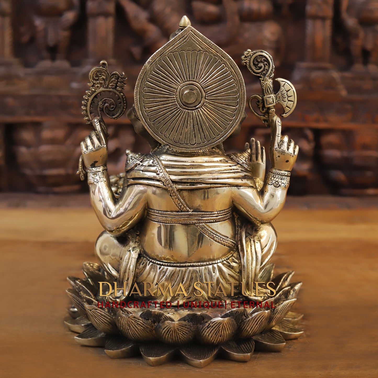 Brass Ganesh seated on Lotus, Blessing Posture, Golden Finish, 11.5"
